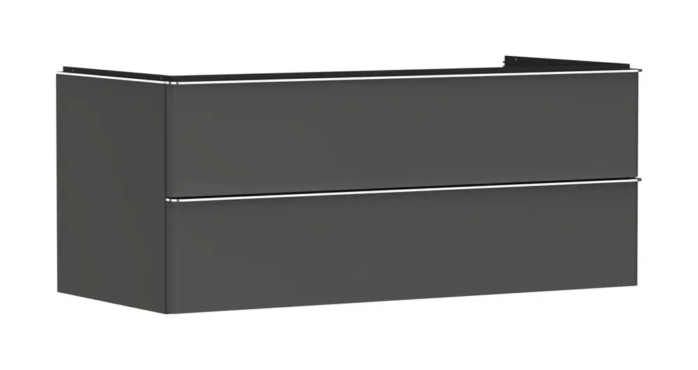 Waschtischunterschrank von Hansgrohe in diamantgrau mit zwei Schubkästen, geeignet für die Verwendung mit einem Aufsatzwaschtisch.